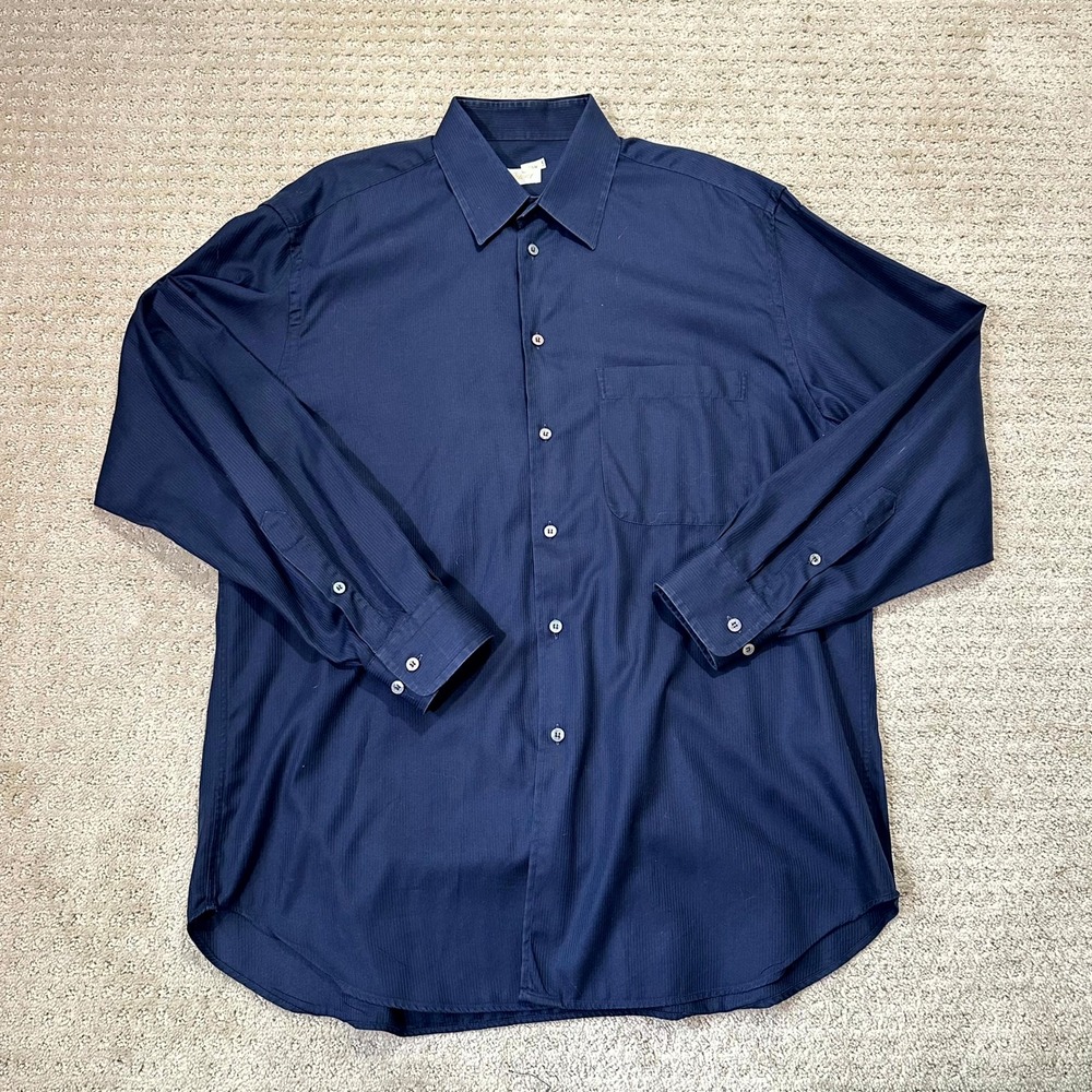 Brioni Dress Shirt Men's Large Navy Blue Micro Stripe Button Front Made in Italy